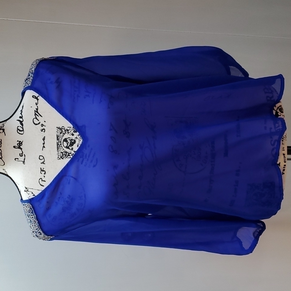 Royal Blue Sheer Embellished Blouse Lightweight Delicate Careerwear Office Large